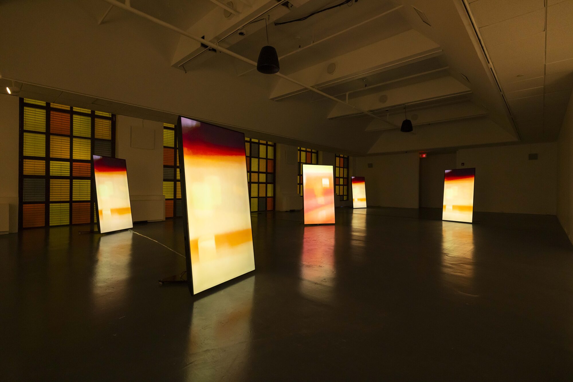 Wood Street Galleries second floor, darkened, with freestanding illuminated panels