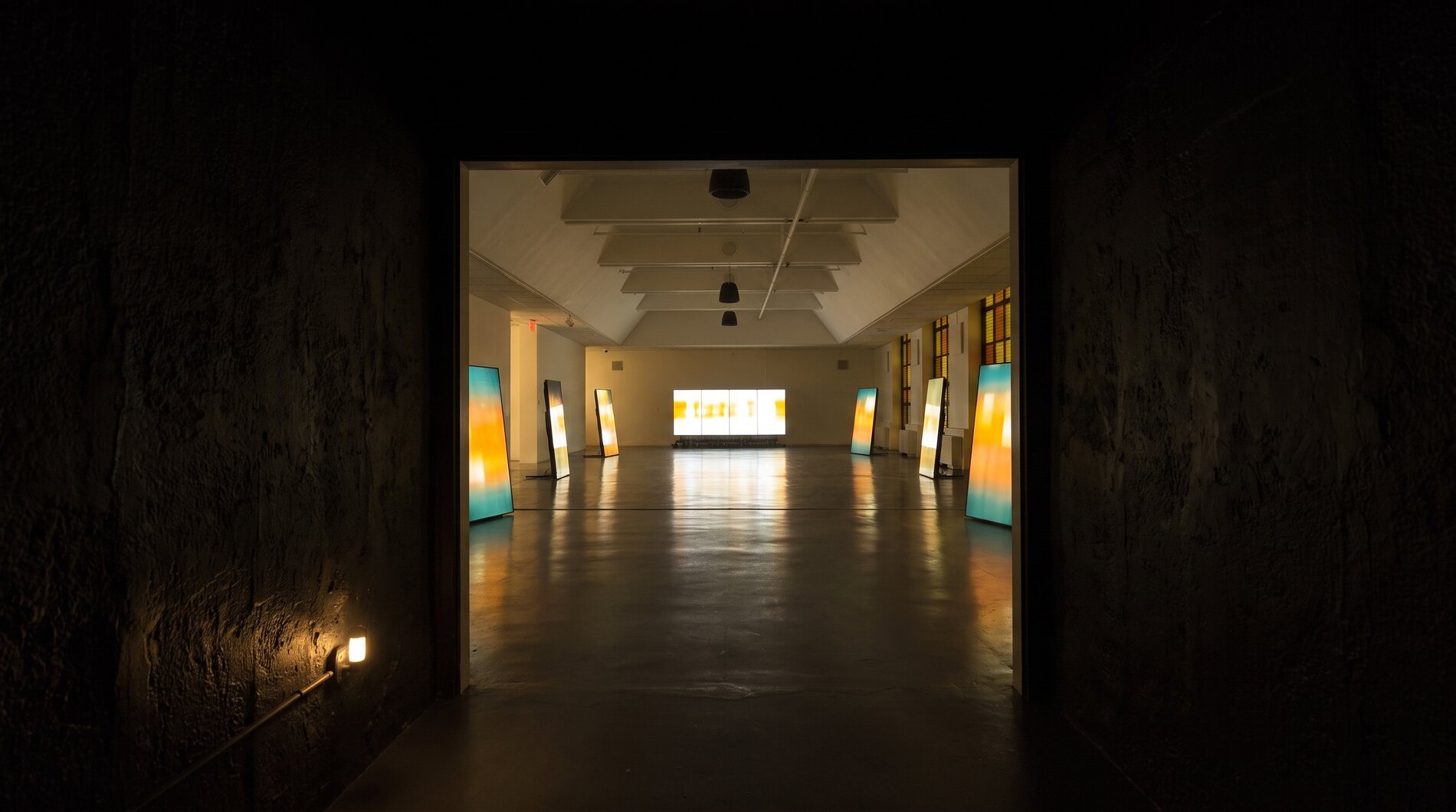 Looking out of the dark entry corridor into the lit gallery