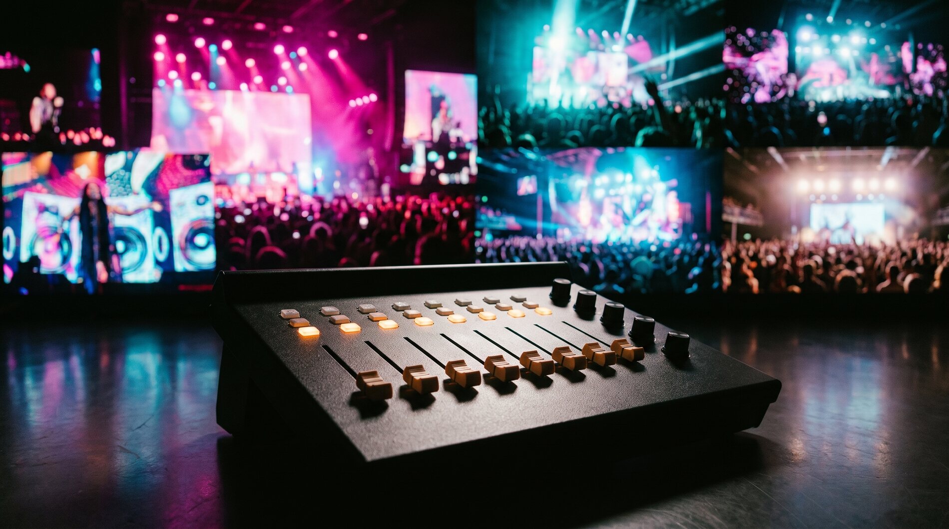 Close view of the control surface faders with the fractal screen behind