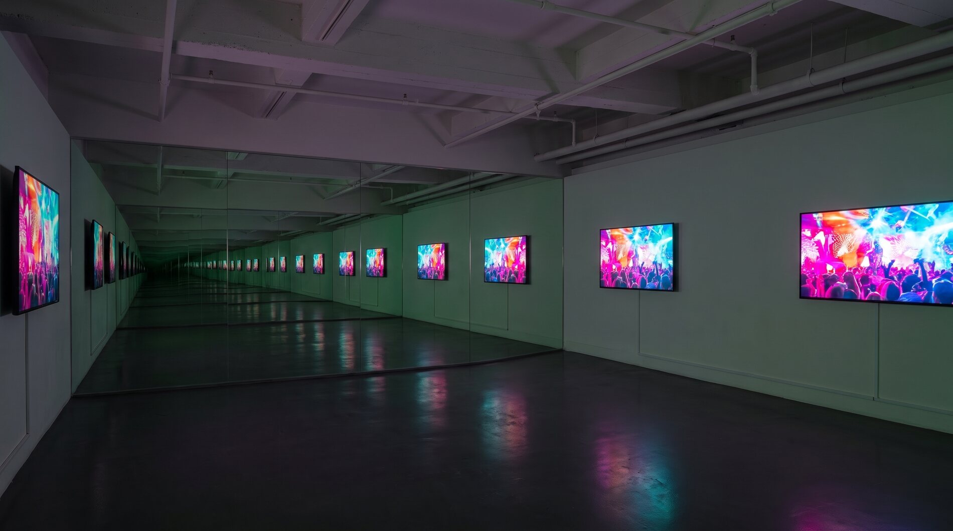 The gallery with facing mirrors, the work repeating to a vanishing point far beyond the real wall