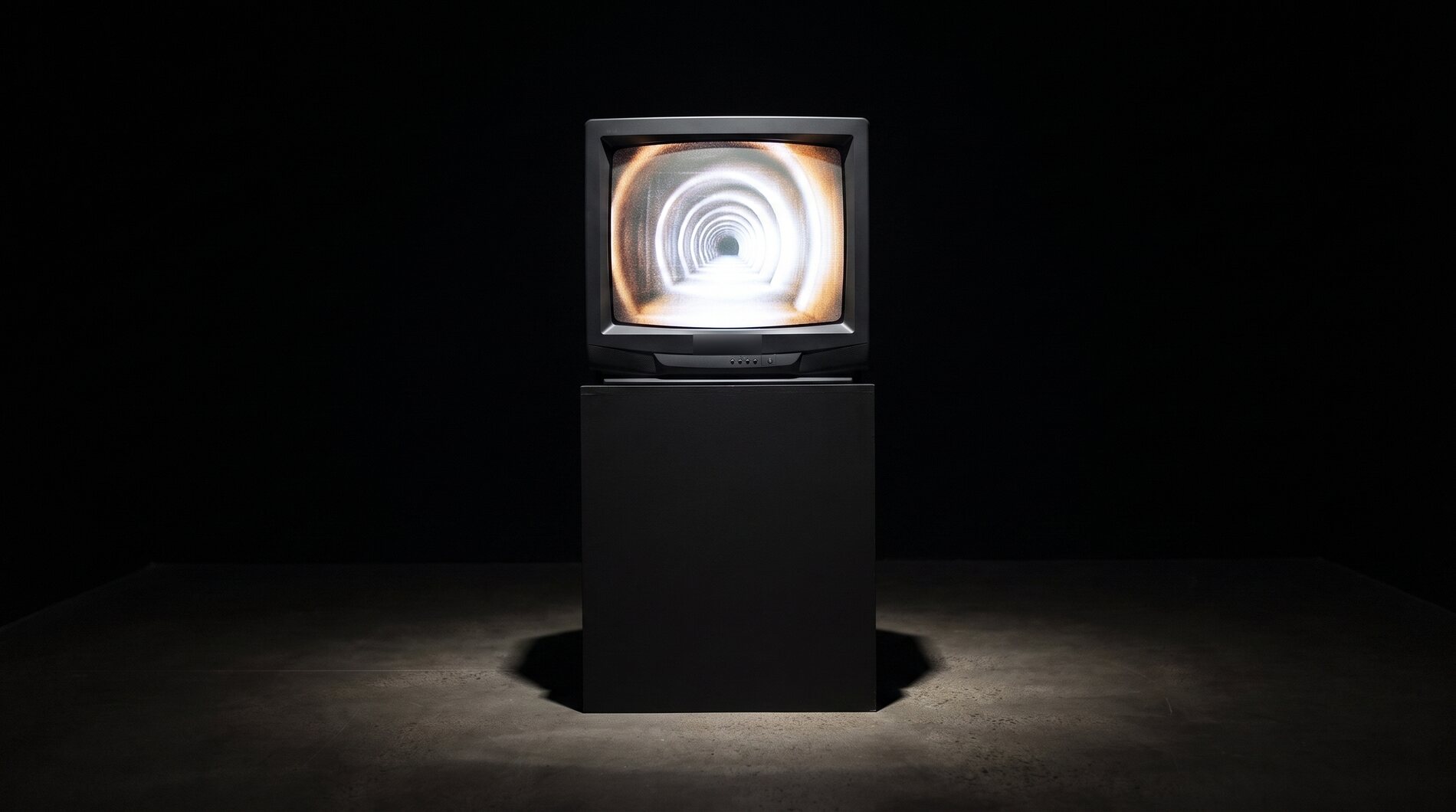 A single CRT on a plinth showing analogue video feedback