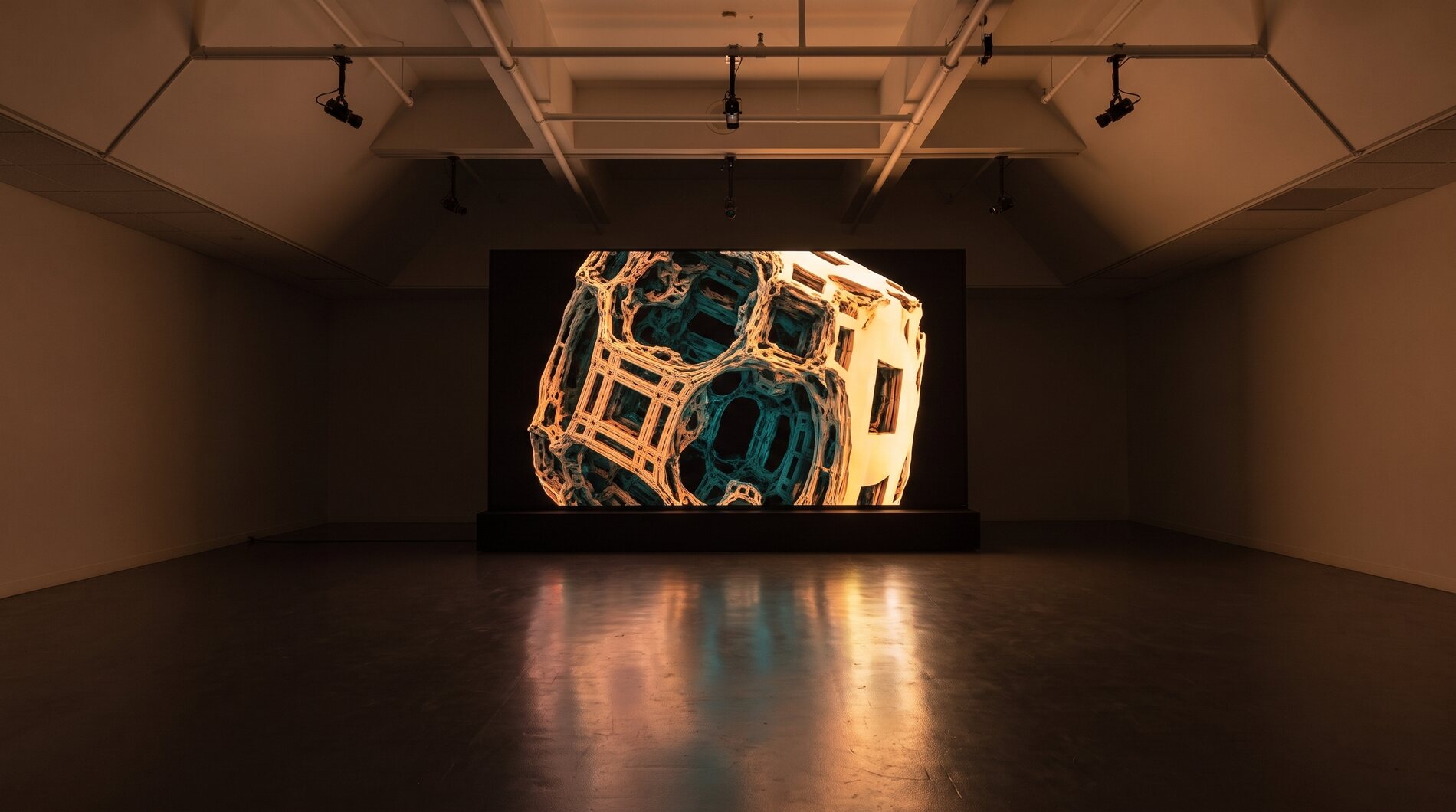 The proposed central installation in the darkened gallery