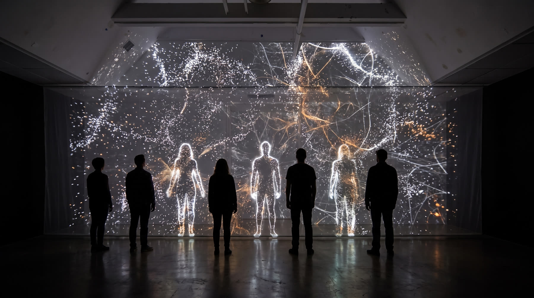 Visitors in silhouette in front of the mirror wall, their doubles on the scrim made of particles