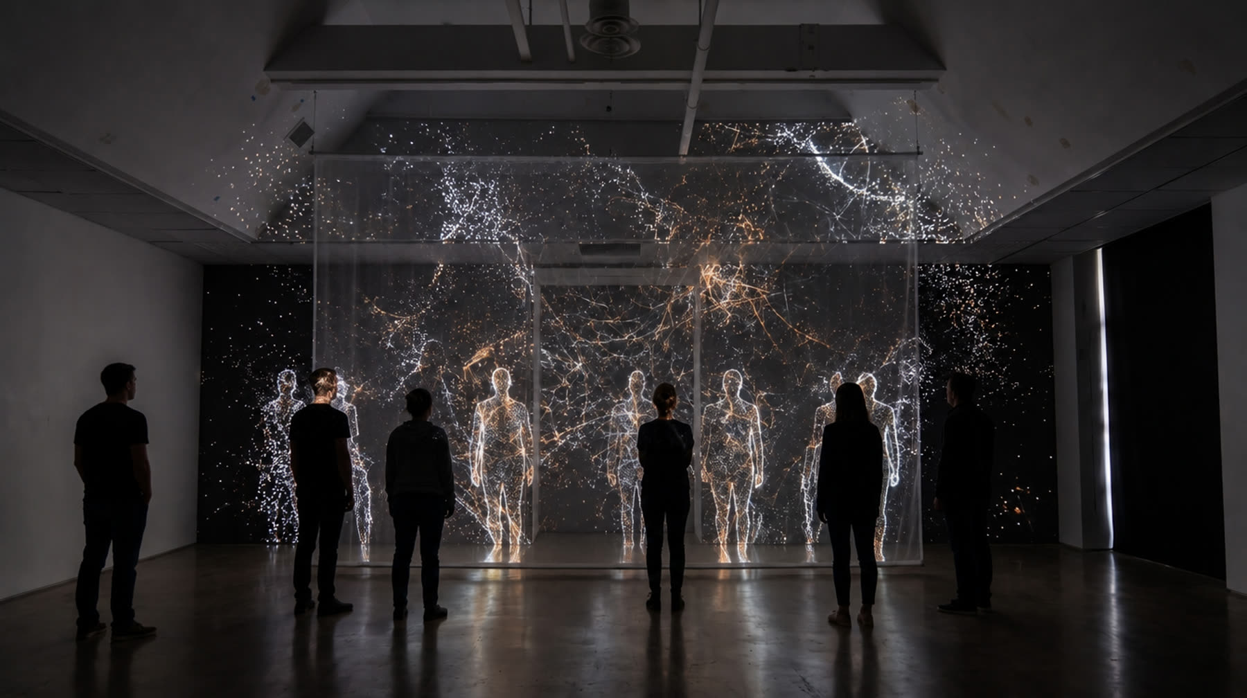 Wide view of the mirror wall from the middle of the hall with six visitors in silhouette