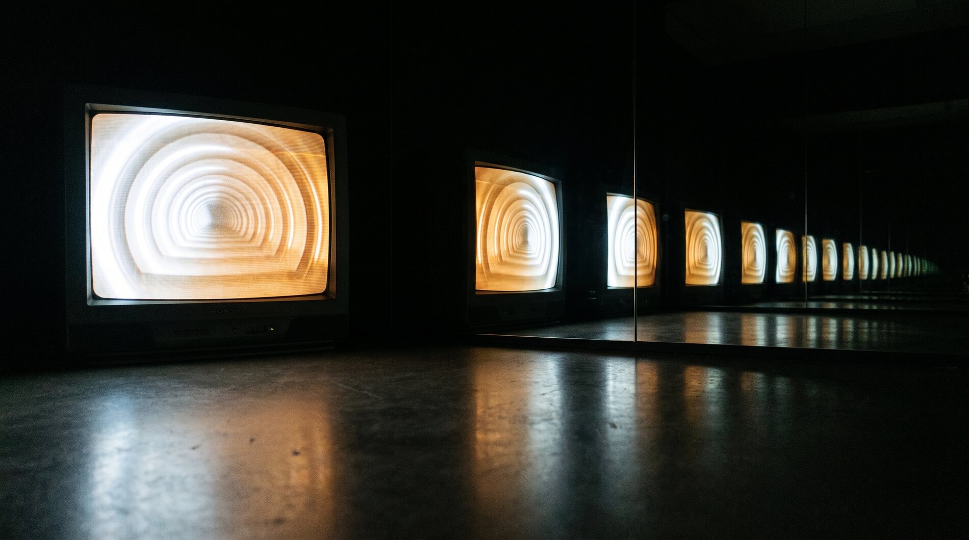 A single CRT playing video feedback, mirrored into an infinite receding chain