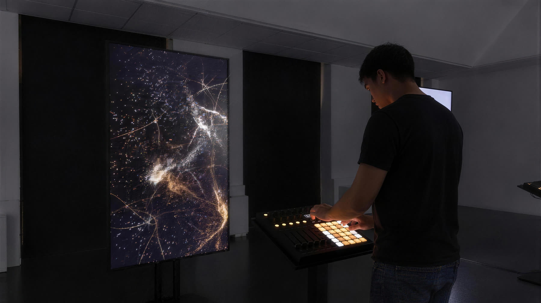 Hands on a MIDI controller on a small podium, with a portrait screen lit behind it