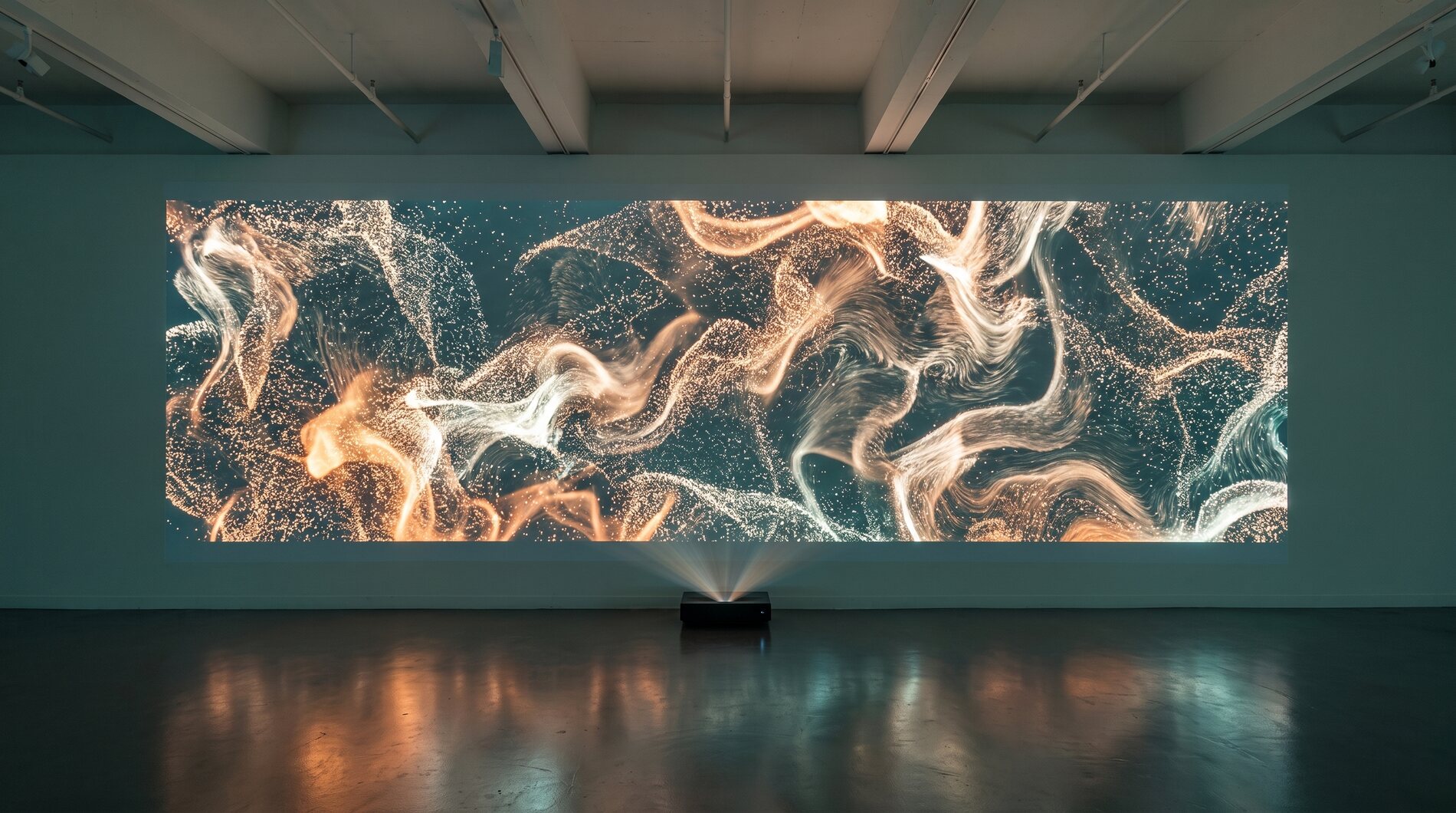 Ultra short throw projection on a wall with the projector visible on the floor