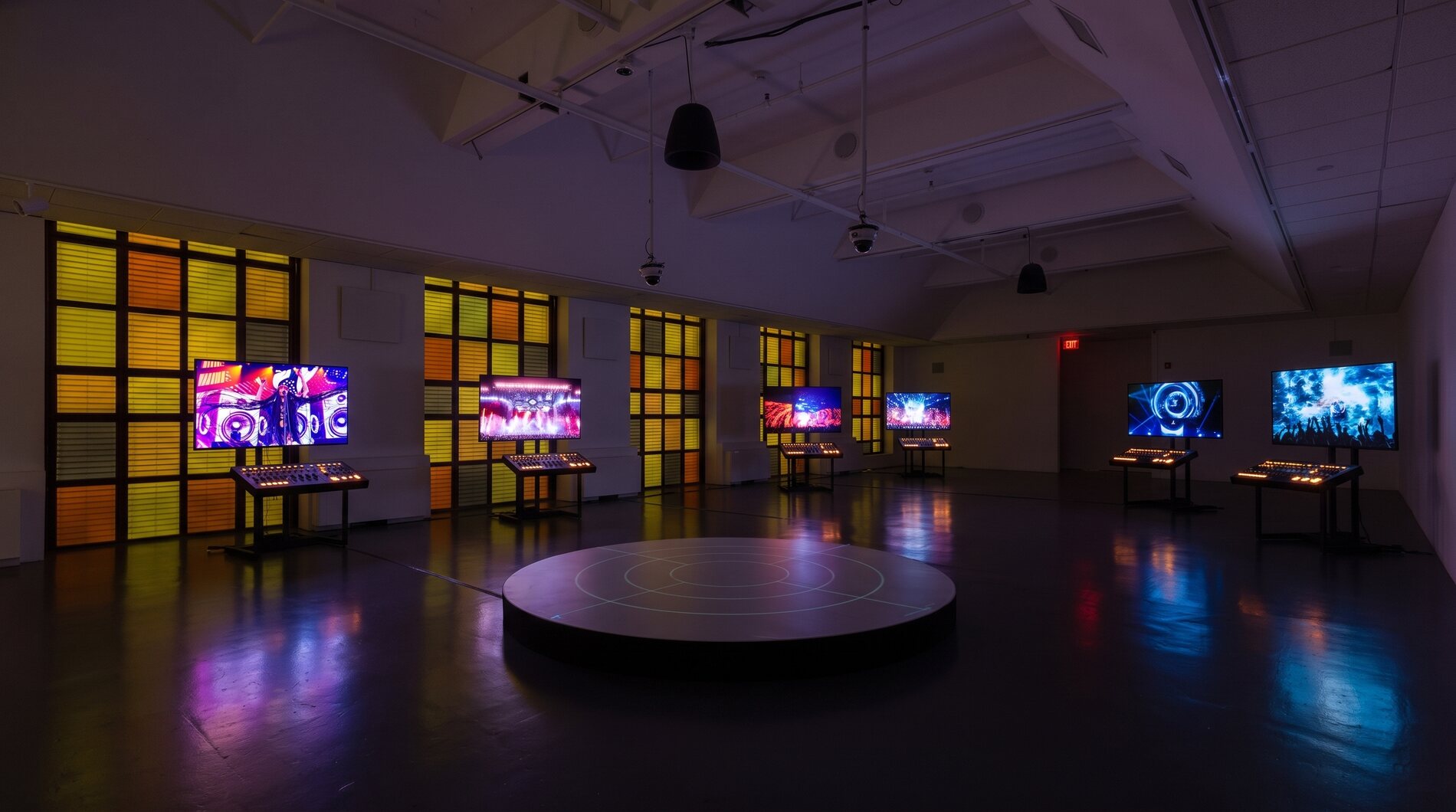 The gallery with the exhibition installed, stations along the walls and the central console