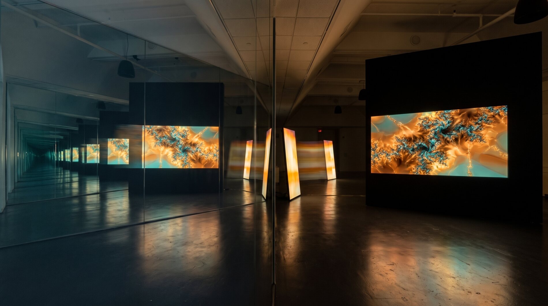 The edge of a mirror dividing the real room from its infinite reflection