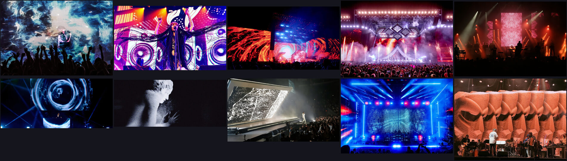 Stills from Strangeloop shows: Flying Lotus, Erykah Badu, The Weeknd, BLACKPINK, Bonobo, Tokimonsta, Polia and Blastema, Kendrick Lamar, Zeds Dead, MF DOOM tribute